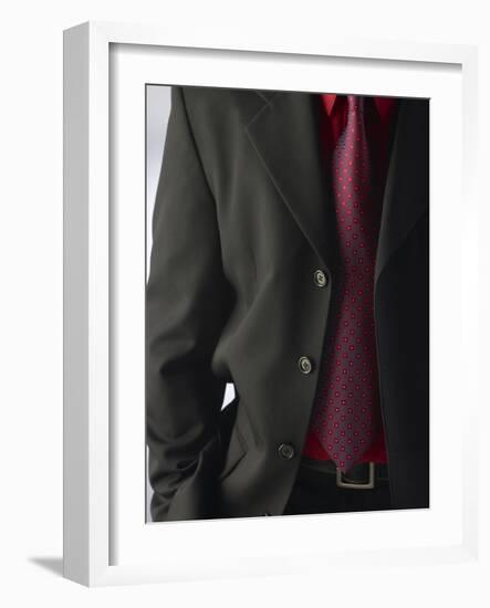 Businessman Wearing Red Shirt and Tie Under Black Suit-null-Framed Photographic Print