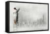 Businesswoman Standing on Ladder and Drawing Sketch on Wall-Sergey Nivens-Framed Stretched Canvas