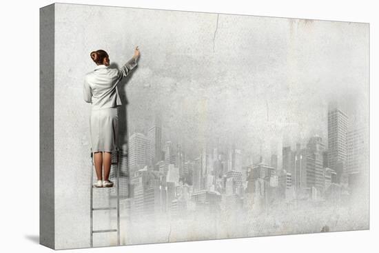 Businesswoman Standing on Ladder and Drawing Sketch on Wall-Sergey Nivens-Stretched Canvas