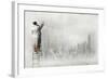 Businesswoman Standing on Ladder and Drawing Sketch on Wall-Sergey Nivens-Framed Photographic Print