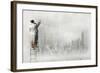 Businesswoman Standing on Ladder and Drawing Sketch on Wall-Sergey Nivens-Framed Photographic Print