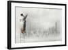 Businesswoman Standing on Ladder and Drawing Sketch on Wall-Sergey Nivens-Framed Photographic Print