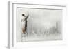 Businesswoman Standing on Ladder and Drawing Sketch on Wall-Sergey Nivens-Framed Photographic Print