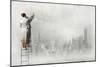 Businesswoman Standing on Ladder and Drawing Sketch on Wall-Sergey Nivens-Mounted Photographic Print