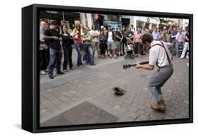 Busker Entertaining the Crowds, Galway, County Galway, Connacht, Republic of Ireland-Gary Cook-Framed Stretched Canvas
