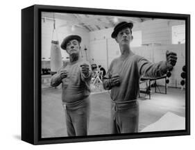 Buster Keaton and Donald O'Connor Holding Up 'Dukes', Practicing for Movie Based on Keaton's Life-Allan Grant-Framed Stretched Canvas