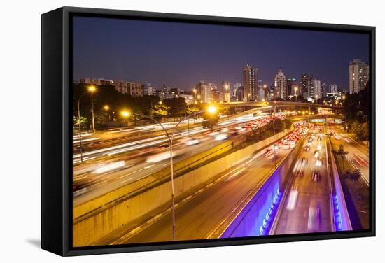 Busy Highway Traffic at Dusk in Sao Paulo, Brazil-Alex Saberi-Framed Stretched Canvas