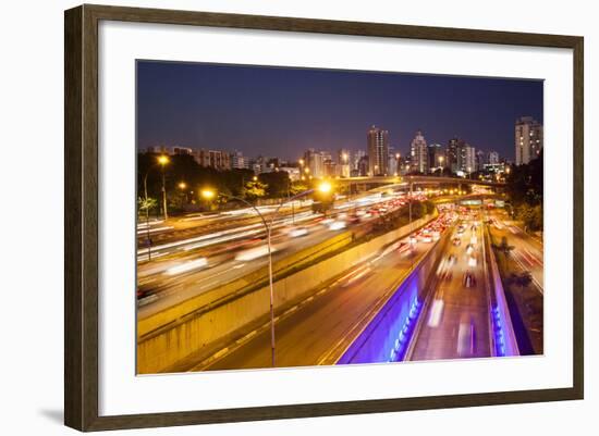 Busy Highway Traffic at Dusk in Sao Paulo, Brazil-Alex Saberi-Framed Photographic Print