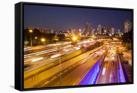 Busy Highway Traffic at Dusk in Sao Paulo, Brazil-Alex Saberi-Framed Stretched Canvas