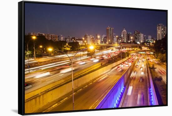 Busy Highway Traffic at Dusk in Sao Paulo, Brazil-Alex Saberi-Framed Stretched Canvas