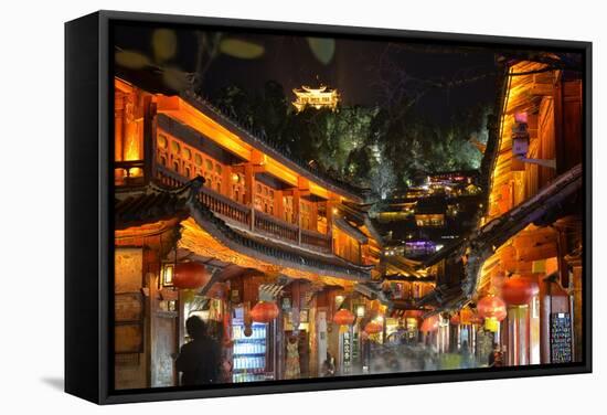 Busy Lijiang Old Town, at Night with Lion Hill and Wan Gu Tower, Lijiang, Yunnan, China, Asia-Andreas Brandl-Framed Stretched Canvas