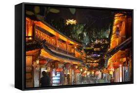 Busy Lijiang Old Town, at Night with Lion Hill and Wan Gu Tower, Lijiang, Yunnan, China, Asia-Andreas Brandl-Framed Stretched Canvas