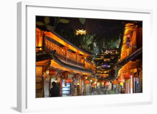 Busy Lijiang Old Town, at Night with Lion Hill and Wan Gu Tower, Lijiang, Yunnan, China, Asia-Andreas Brandl-Framed Photographic Print