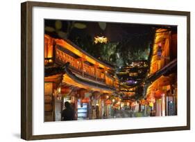 Busy Lijiang Old Town, at Night with Lion Hill and Wan Gu Tower, Lijiang, Yunnan, China, Asia-Andreas Brandl-Framed Photographic Print