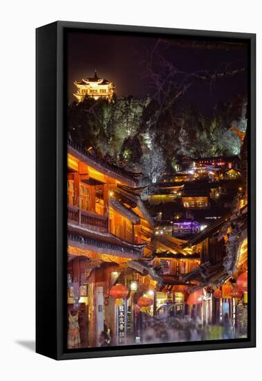 Busy Lijiang Old Town, at Night with Lion Hill and Wan Gu Tower, Lijiang, Yunnan, China, Asia-Andreas Brandl-Framed Stretched Canvas