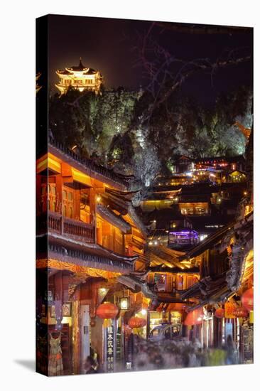 Busy Lijiang Old Town, at Night with Lion Hill and Wan Gu Tower, Lijiang, Yunnan, China, Asia-Andreas Brandl-Stretched Canvas