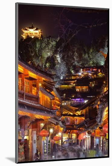 Busy Lijiang Old Town, at Night with Lion Hill and Wan Gu Tower, Lijiang, Yunnan, China, Asia-Andreas Brandl-Mounted Photographic Print