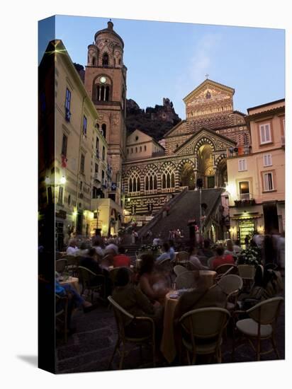 Busy Pavement Cafe at Dusk, with the Cathedral Beyond, Amalfi, Campania, Italy-Ruth Tomlinson-Stretched Canvas