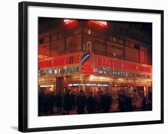 Busy Street Corner of Maxwell House and Mayflower Doughnuts Restaurant-Andreas Feininger-Framed Photographic Print