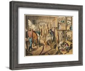 Butchers at Work Producing Beef, Lamb and Pork, with Items on Display in a Shop (Top Right)-null-Framed Art Print