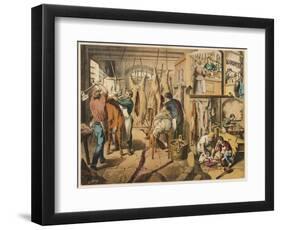Butchers at Work Producing Beef, Lamb and Pork, with Items on Display in a Shop (Top Right)-null-Framed Art Print