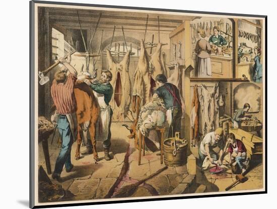 Butchers at Work Producing Beef, Lamb and Pork, with Items on Display in a Shop (Top Right)-null-Mounted Art Print