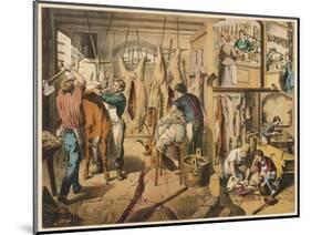 Butchers at Work Producing Beef, Lamb and Pork, with Items on Display in a Shop (Top Right)-null-Mounted Art Print