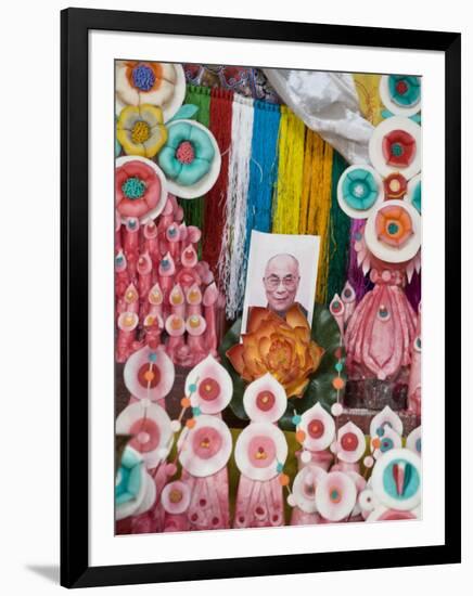 Butter Sculptures Suround Photo of the Dalai Lama, Kathok Wodsallin Gompa, Yuksam, Sikkim, India-Jane Sweeney-Framed Photographic Print