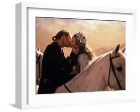 Buttercup and Westley Kissing on Horseback-null-Framed Photo