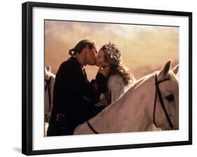 Buttercup and Westley Kissing on Horseback-null-Framed Photo