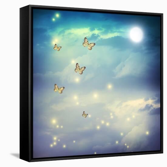 Butterflies In A Fantasy Moonligt Landscape-Melpomene-Framed Stretched Canvas