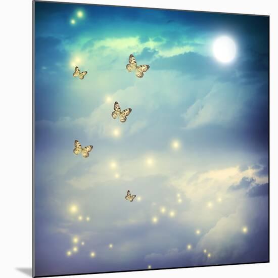 Butterflies In A Fantasy Moonligt Landscape-Melpomene-Mounted Art Print