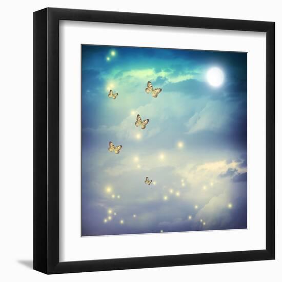 Butterflies In A Fantasy Moonligt Landscape-Melpomene-Framed Art Print