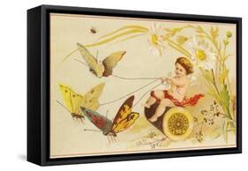 Butterflies Pulling Cherub on Thread Spool Chariot-null-Framed Stretched Canvas