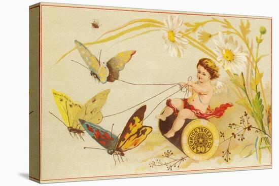 Butterflies Pulling Cherub on Thread Spool Chariot-null-Stretched Canvas