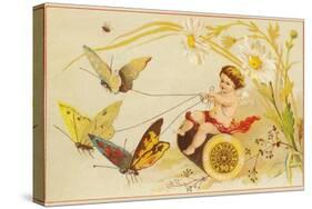 Butterflies Pulling Cherub on Thread Spool Chariot-null-Stretched Canvas