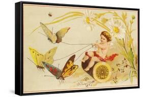 Butterflies Pulling Cherub on Thread Spool Chariot-null-Framed Stretched Canvas