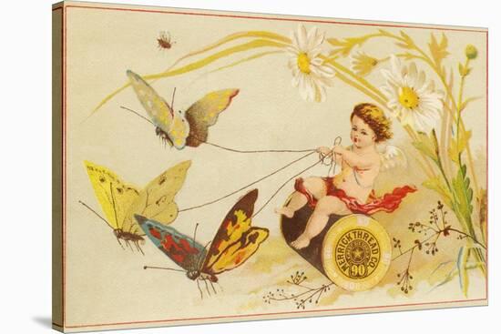 Butterflies Pulling Cherub on Thread Spool Chariot-null-Stretched Canvas