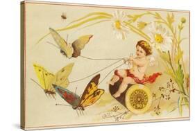 Butterflies Pulling Cherub on Thread Spool Chariot-null-Stretched Canvas