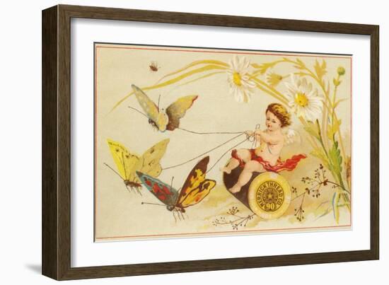 Butterflies Pulling Cherub on Thread Spool Chariot-null-Framed Giclee Print