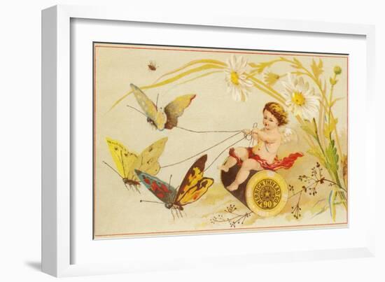 Butterflies Pulling Cherub on Thread Spool Chariot-null-Framed Giclee Print