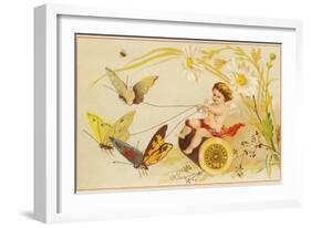 Butterflies Pulling Cherub on Thread Spool Chariot-null-Framed Giclee Print