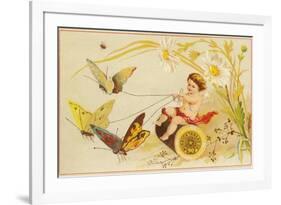 Butterflies Pulling Cherub on Thread Spool Chariot-null-Framed Giclee Print