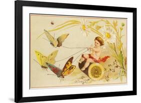 Butterflies Pulling Cherub on Thread Spool Chariot-null-Framed Giclee Print