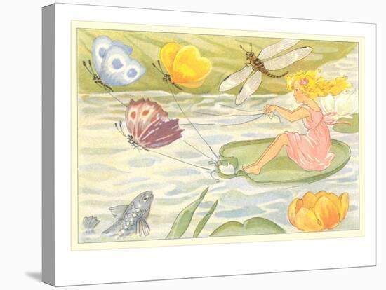 Butterflies Pulling Girl on Lily Pad-null-Stretched Canvas