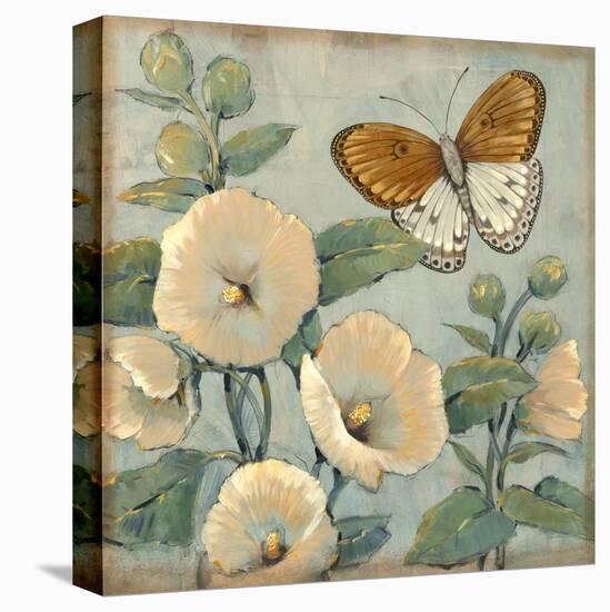 Butterfly and Hollyhocks I-Tim O'toole-Stretched Canvas