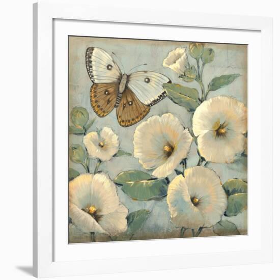 Butterfly and Hollyhocks II-Tim O'toole-Framed Art Print