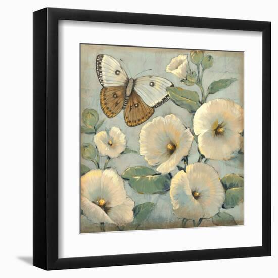 Butterfly and Hollyhocks II-Tim O'toole-Framed Art Print