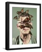 Butterfly Breeder Carl Anderson with Monarch Butterflies on His Face-John Dominis-Framed Photographic Print