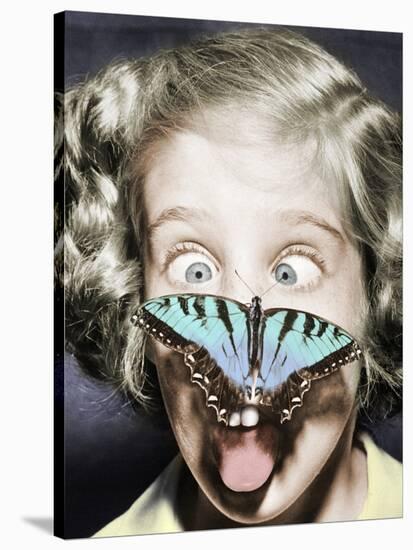 Butterfly Perched on Girl's Nose-null-Stretched Canvas